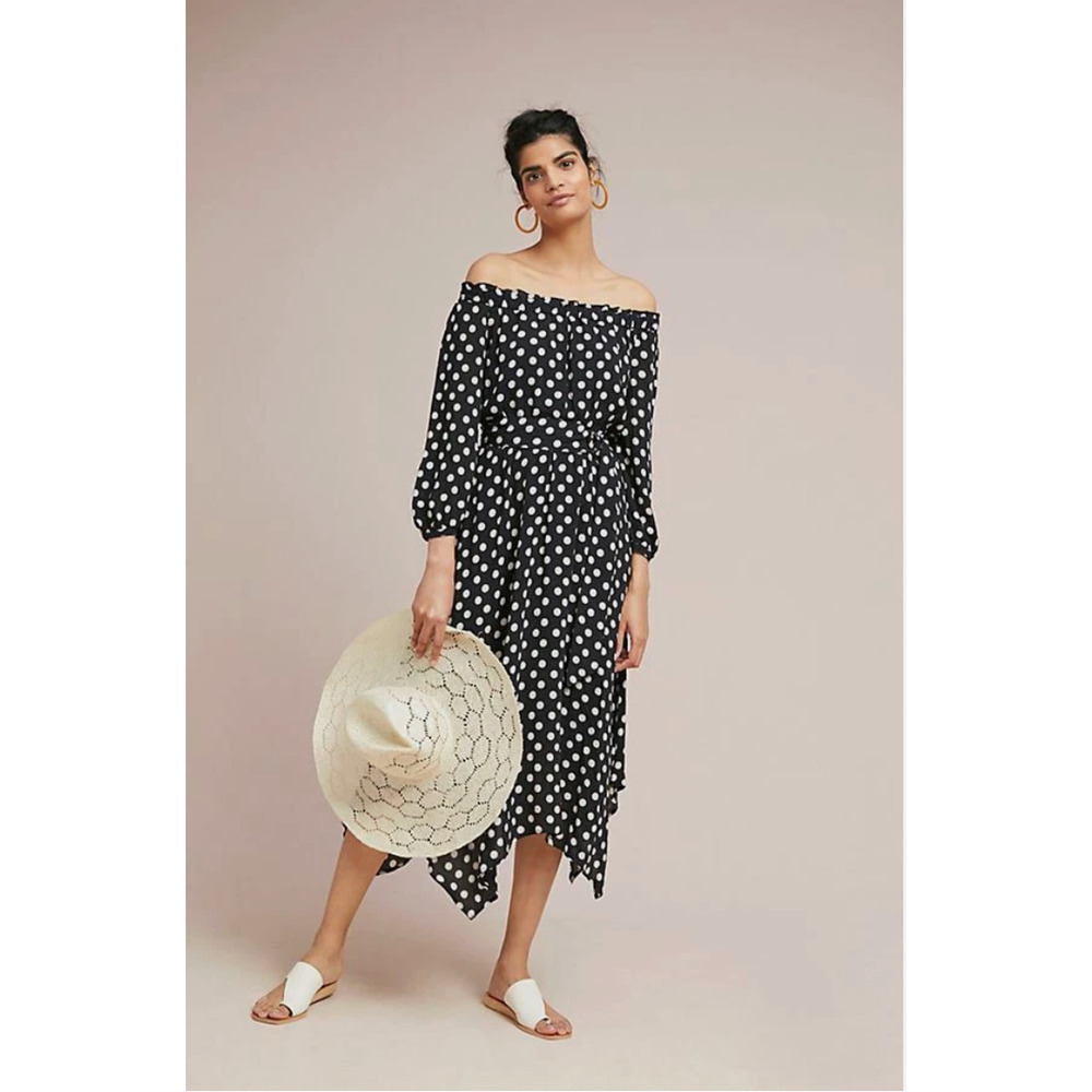 Anthropologie Maeve Dress‎ Womens 6 Polka Dot Off the Shoulder Belted Pocket - Picture 2 of 16
